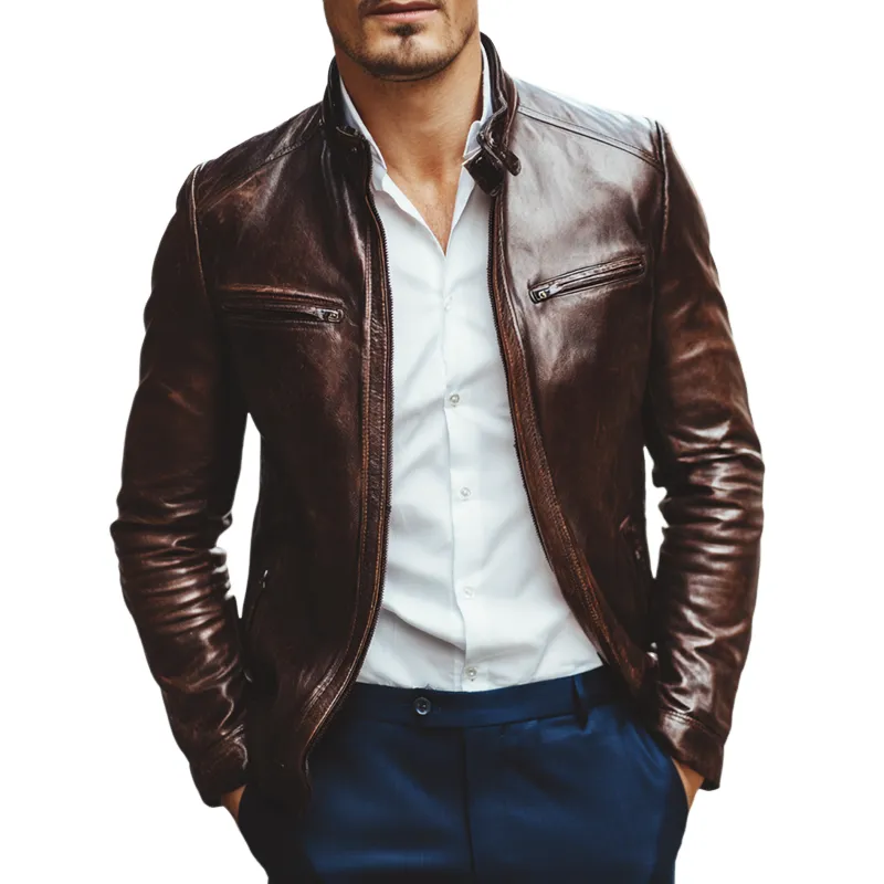 Men's PU Leather Stand Collar Multi-Pocket Zipper Motorcycle Jacket MTA0535I9Z sold by Manly