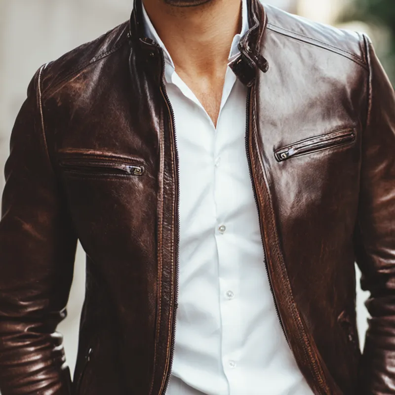 Men's PU Leather Stand Collar Multi-Pocket Zipper Motorcycle Jacket MTA0535I9Z sold by Manly product image thumbnail 3