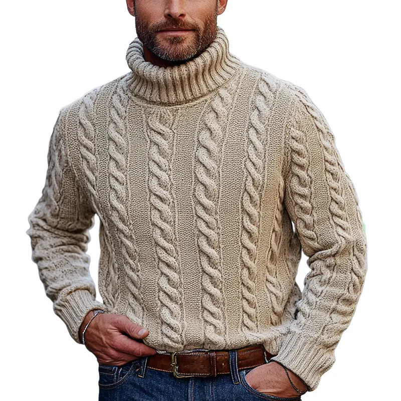 Men's Solid Color Casual Cable-knit Turtleneck Pullover Sweater MTA0437I9X sold by Manly