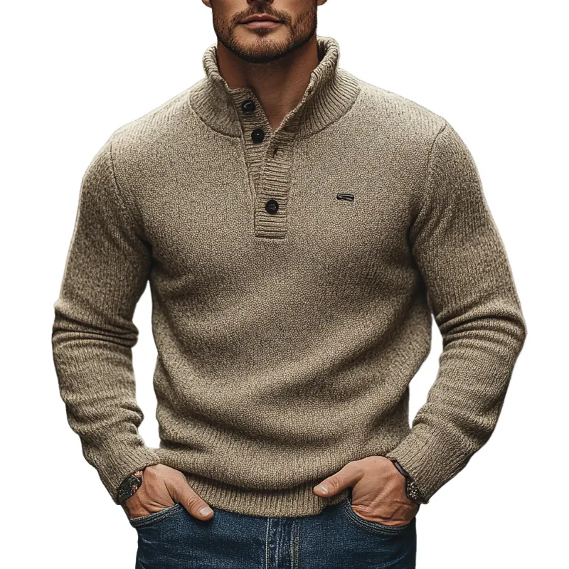 Men's Solid Color Casual Stand Collar Button Pullover Sweater MTA0483I9X sold by Manly