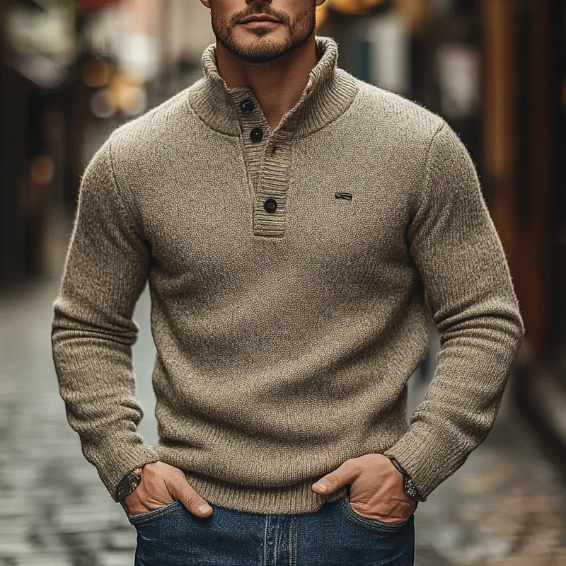 Men's Solid Color Casual Stand Collar Button Pullover Sweater MTA0483I9X sold by Manly product image thumbnail 2