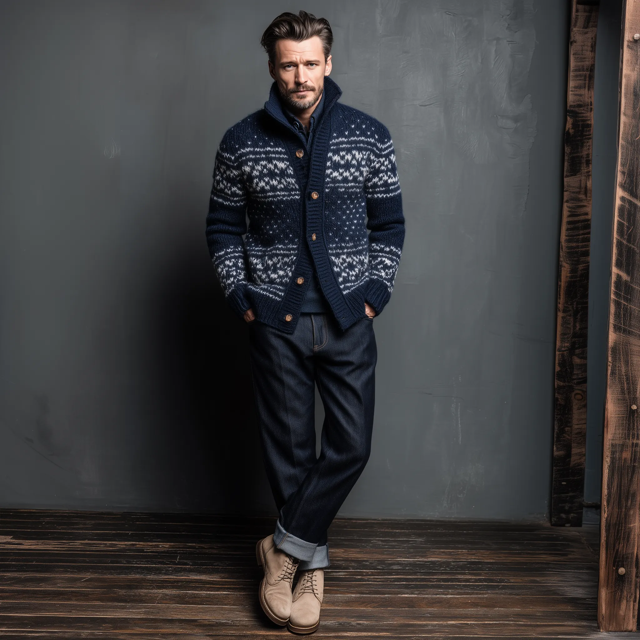 Men's Classic American Retro Stand Collar Jacquard Knit Cardigan MTA0404I2K sold by Manly product image thumbnail 3