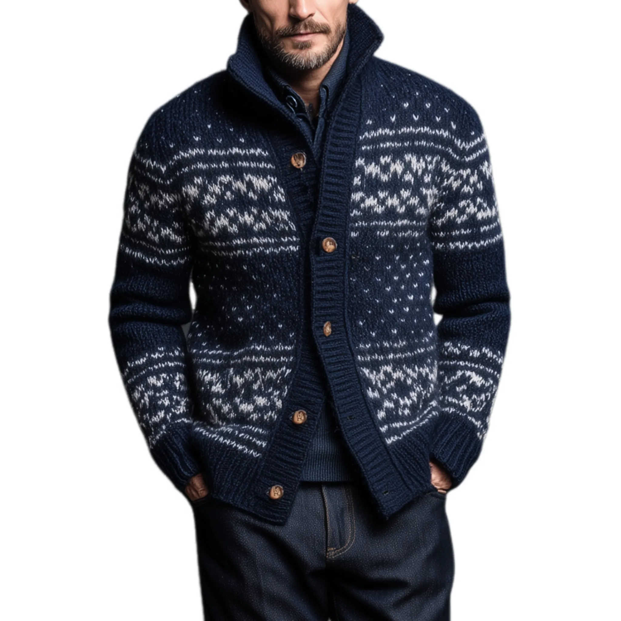 Men's Classic American Retro Stand Collar Jacquard Knit Cardigan MTA0404I2K sold by Manly