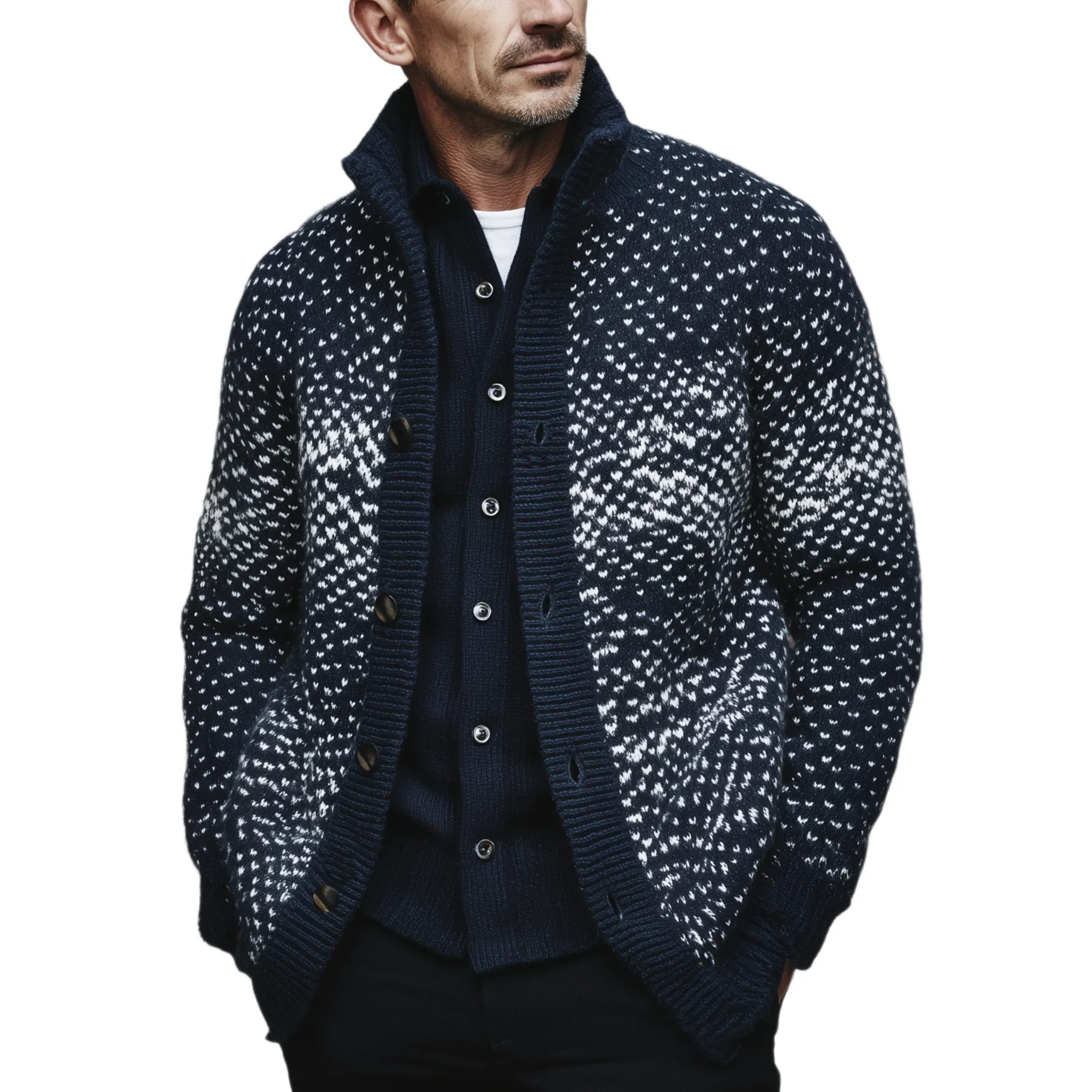 Men's Classic American Retro Single-breasted Stand-up Collar Jacquard Knit Cardigan MTA0450I9K sold by Manly