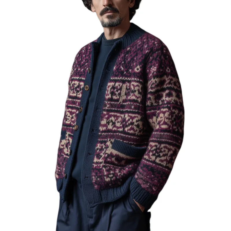 Men's Classic American Retro Stand Collar Contrast Jacquard Knit Cardigan MTA0400I4K sold by Manly