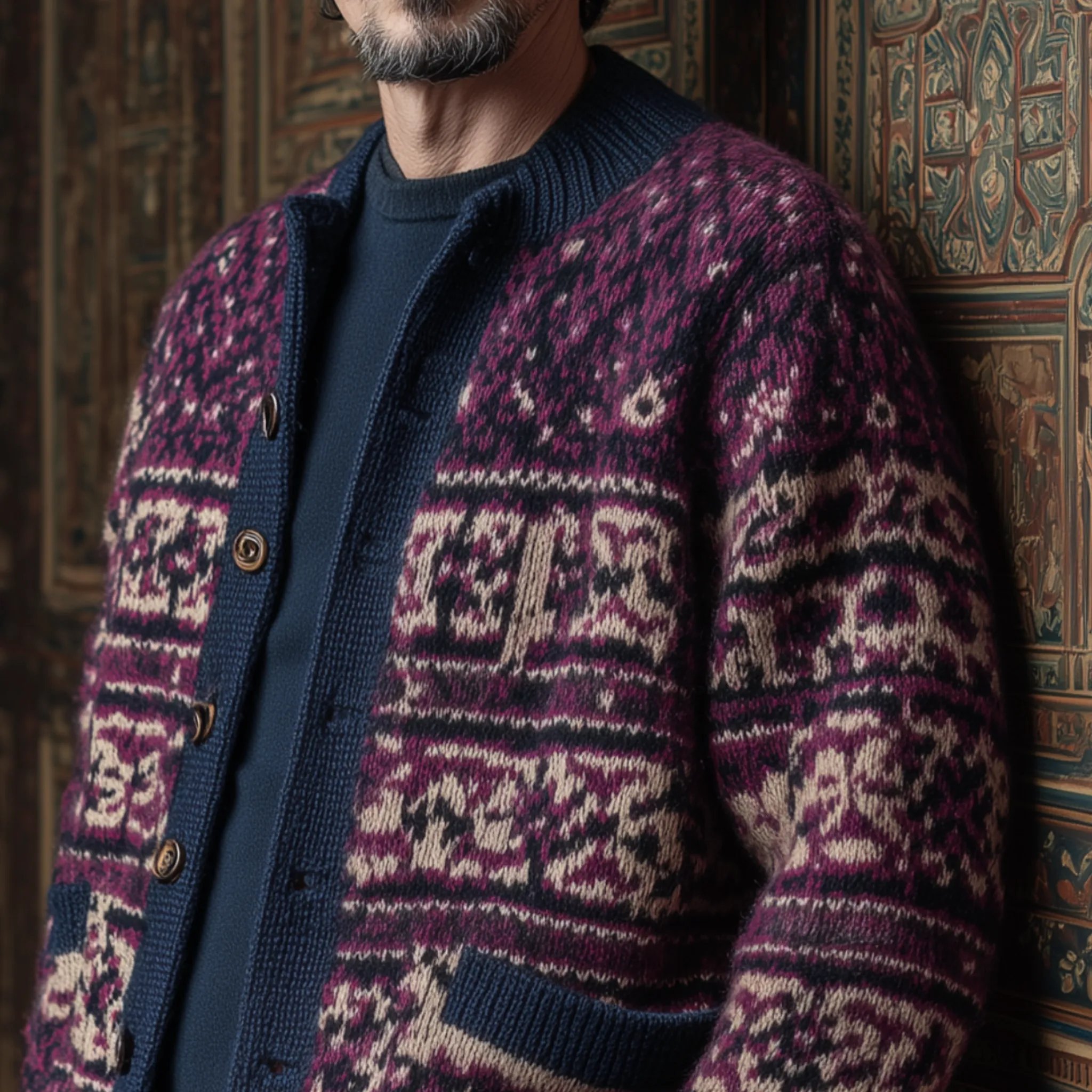 Men's Classic American Retro Stand Collar Contrast Jacquard Knit Cardigan MTA0400I4K sold by Manly product image thumbnail 4