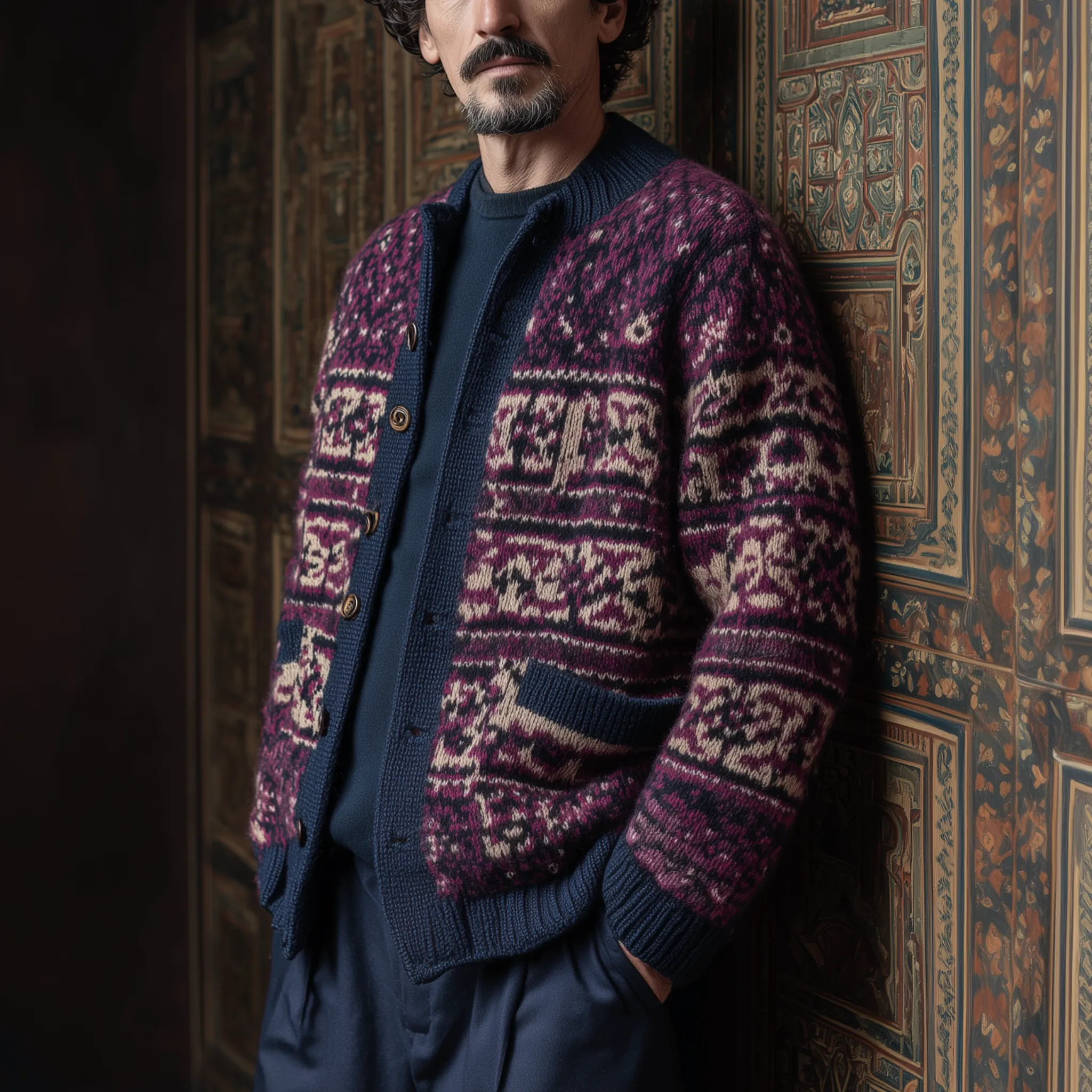 Men's Classic American Retro Stand Collar Contrast Jacquard Knit Cardigan MTA0400I4K sold by Manly product image thumbnail 2