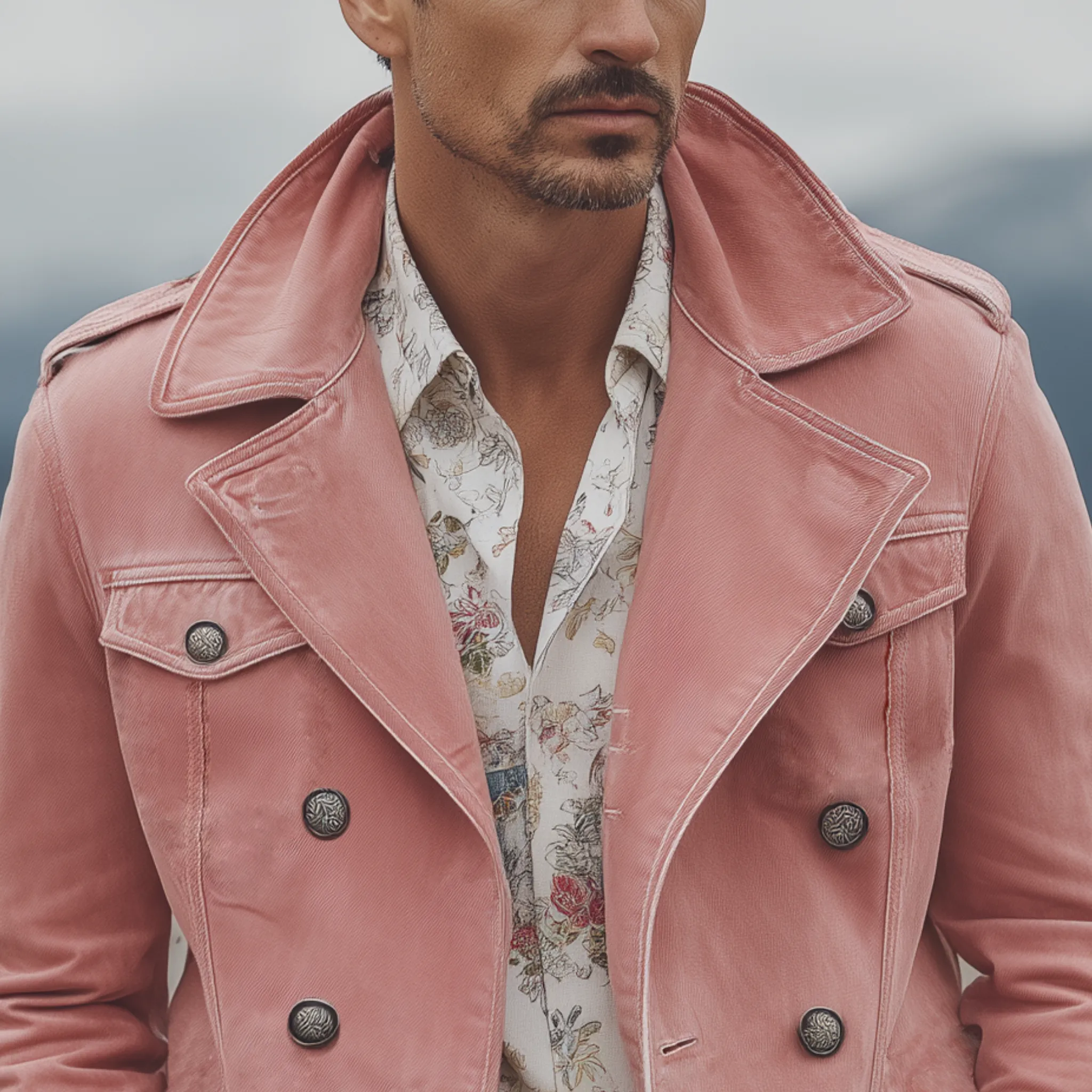 Men's Classic Western Vintage Lapel Washed Pink Denim Double Breasted Jacket MTA0309I2K sold by Manly product image thumbnail 4