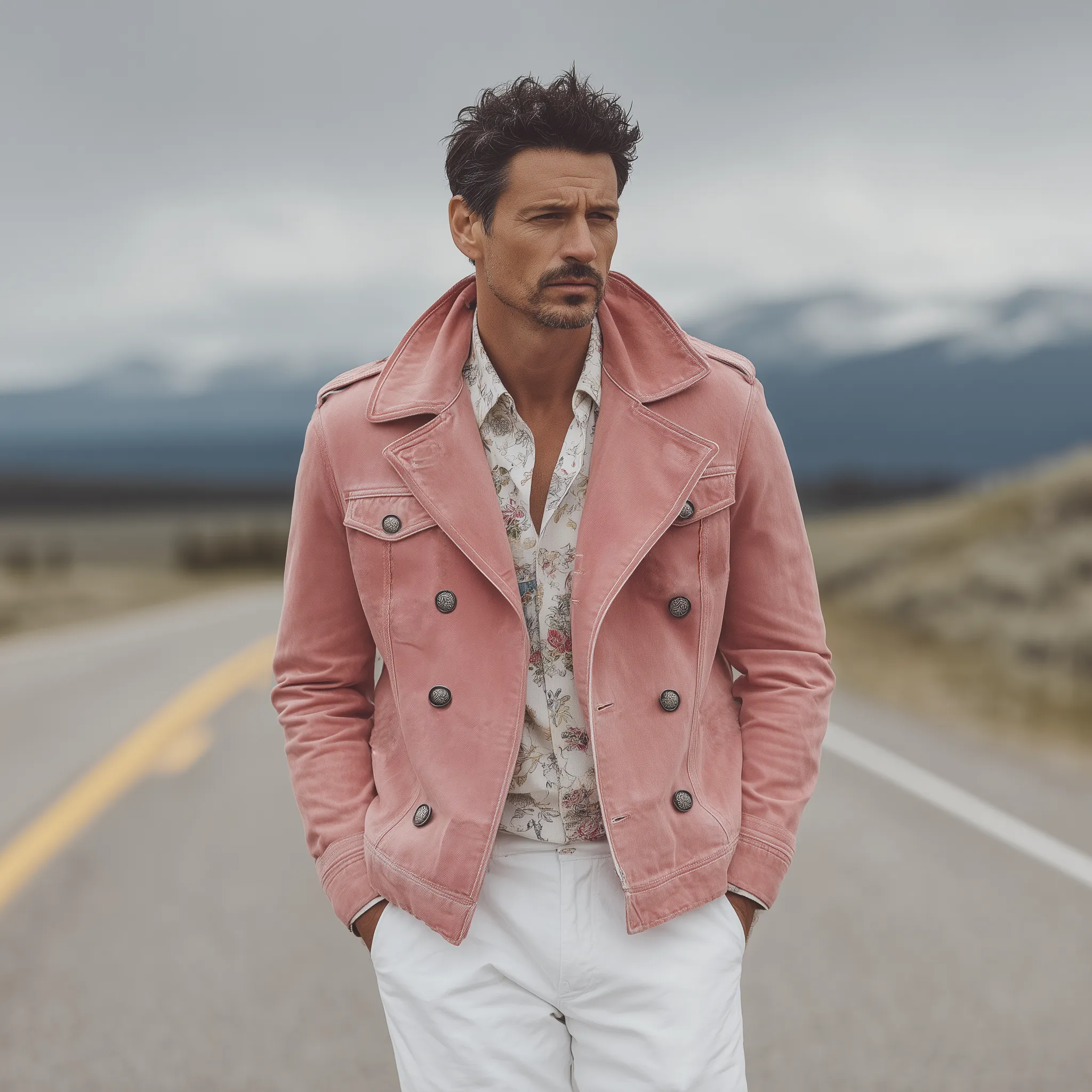 Men's Classic Western Vintage Lapel Washed Pink Denim Double Breasted Jacket MTA0309I2K sold by Manly product image thumbnail 3