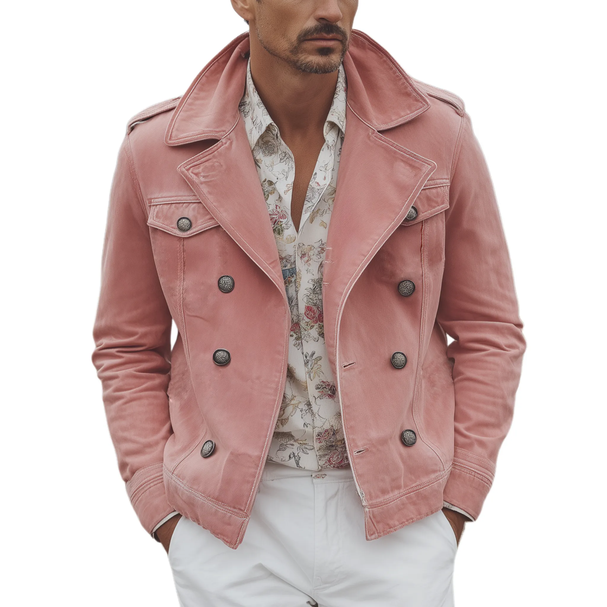 Men's Classic Western Vintage Lapel Washed Pink Denim Double Breasted Jacket MTA0309I2K sold by Manly