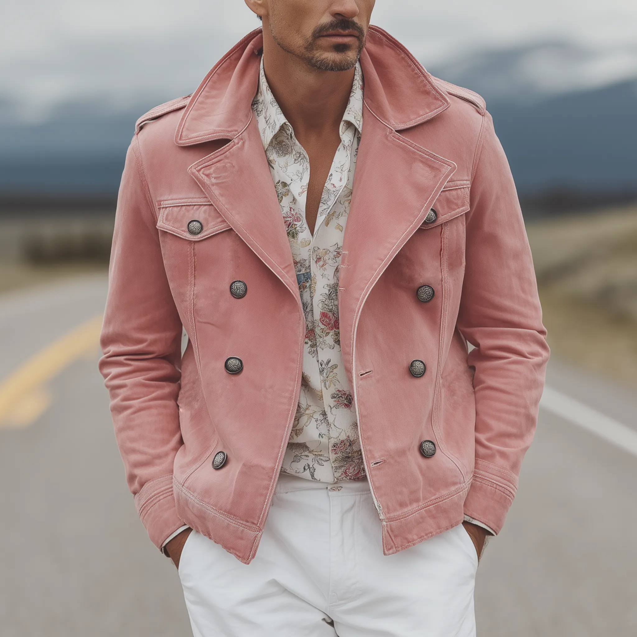 Men's Classic Western Vintage Lapel Washed Pink Denim Double Breasted Jacket MTA0309I2K sold by Manly product image thumbnail 2