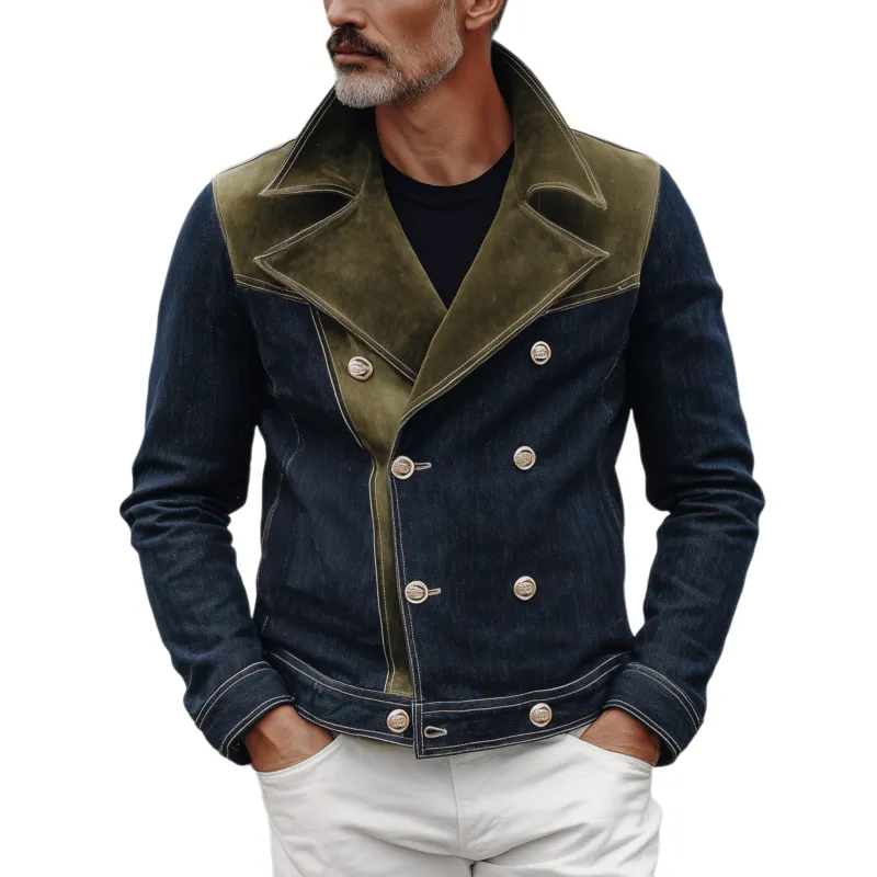 Men's Classic Western Vintage Suede And Denim Lapel Double-Breasted Jacket MTA0319I0K sold by Manly