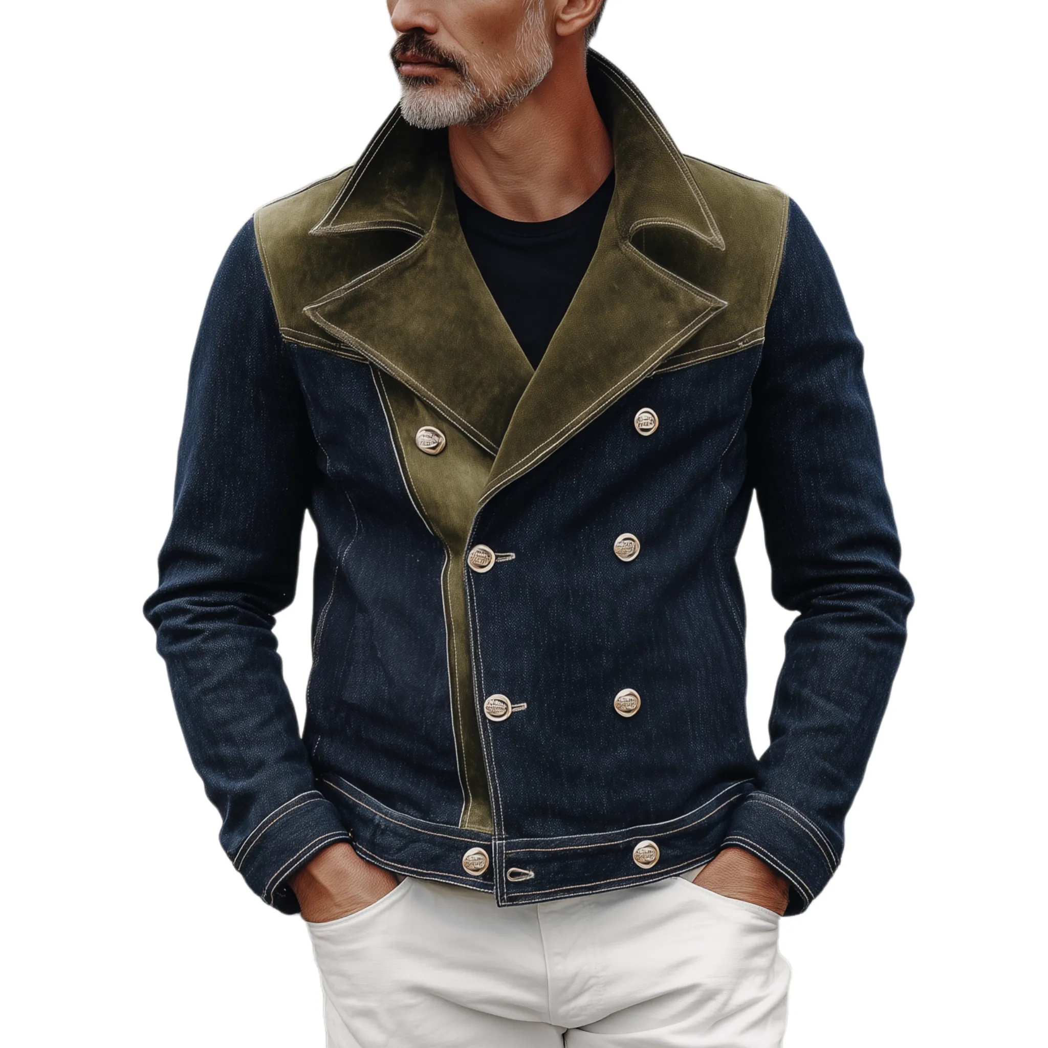 Men's Classic Western Vintage Suede And Denim Lapel Double-Breasted Jacket MTA0319I0K sold by Manly