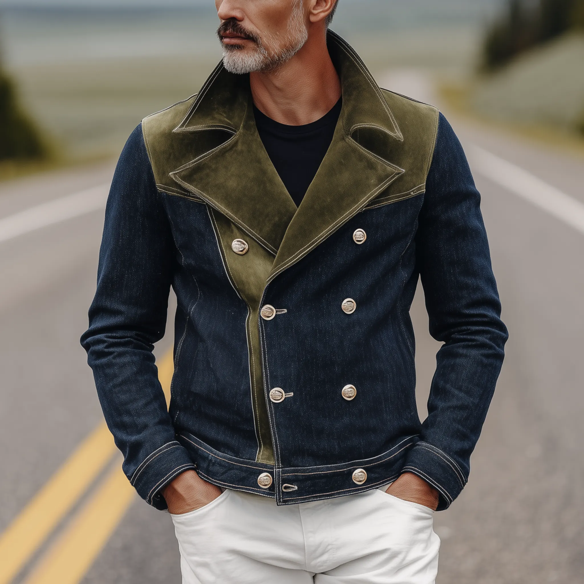 Men's Classic Western Vintage Suede And Denim Lapel Double-Breasted Jacket MTA0319I0K sold by Manly product image thumbnail 2