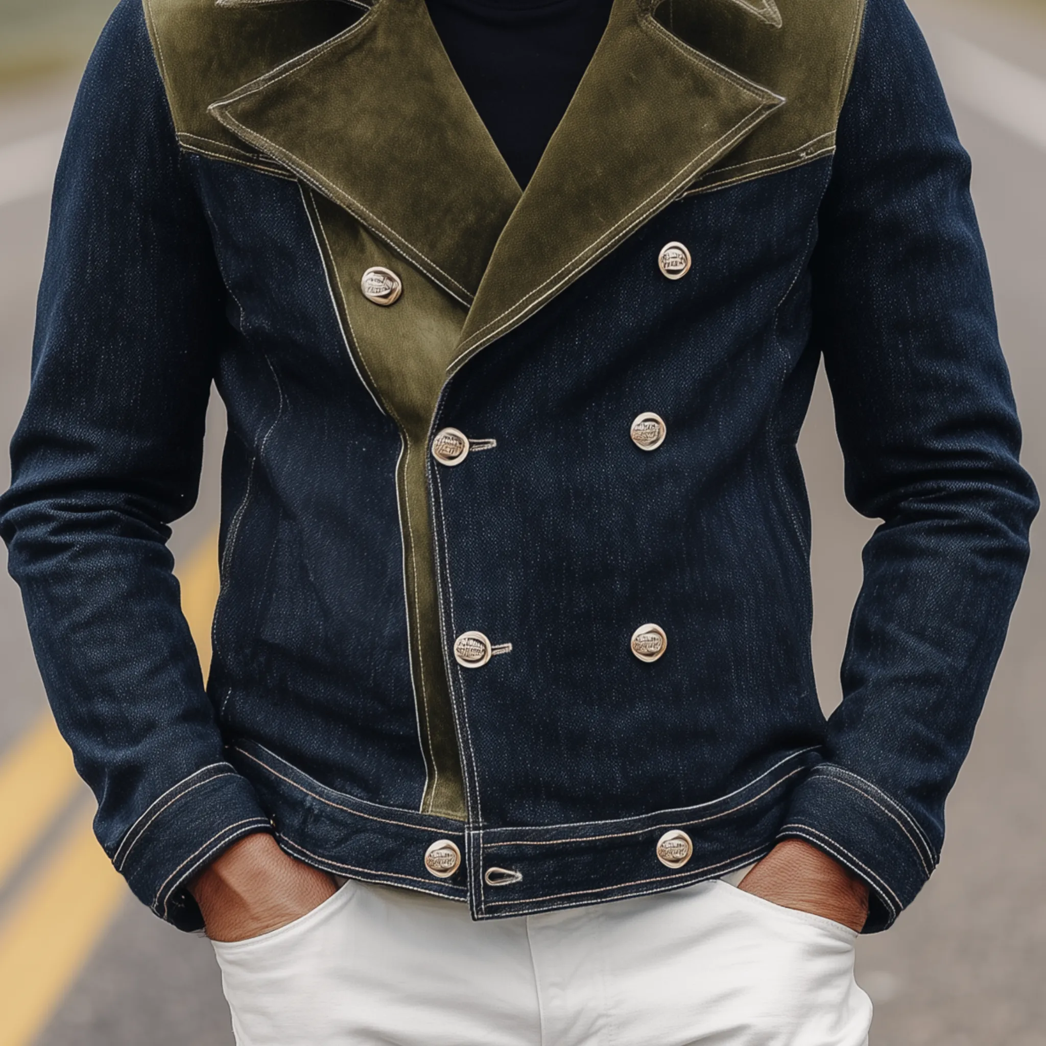 Men's Classic Western Vintage Suede And Denim Lapel Double-Breasted Jacket MTA0319I0K sold by Manly product image thumbnail 5