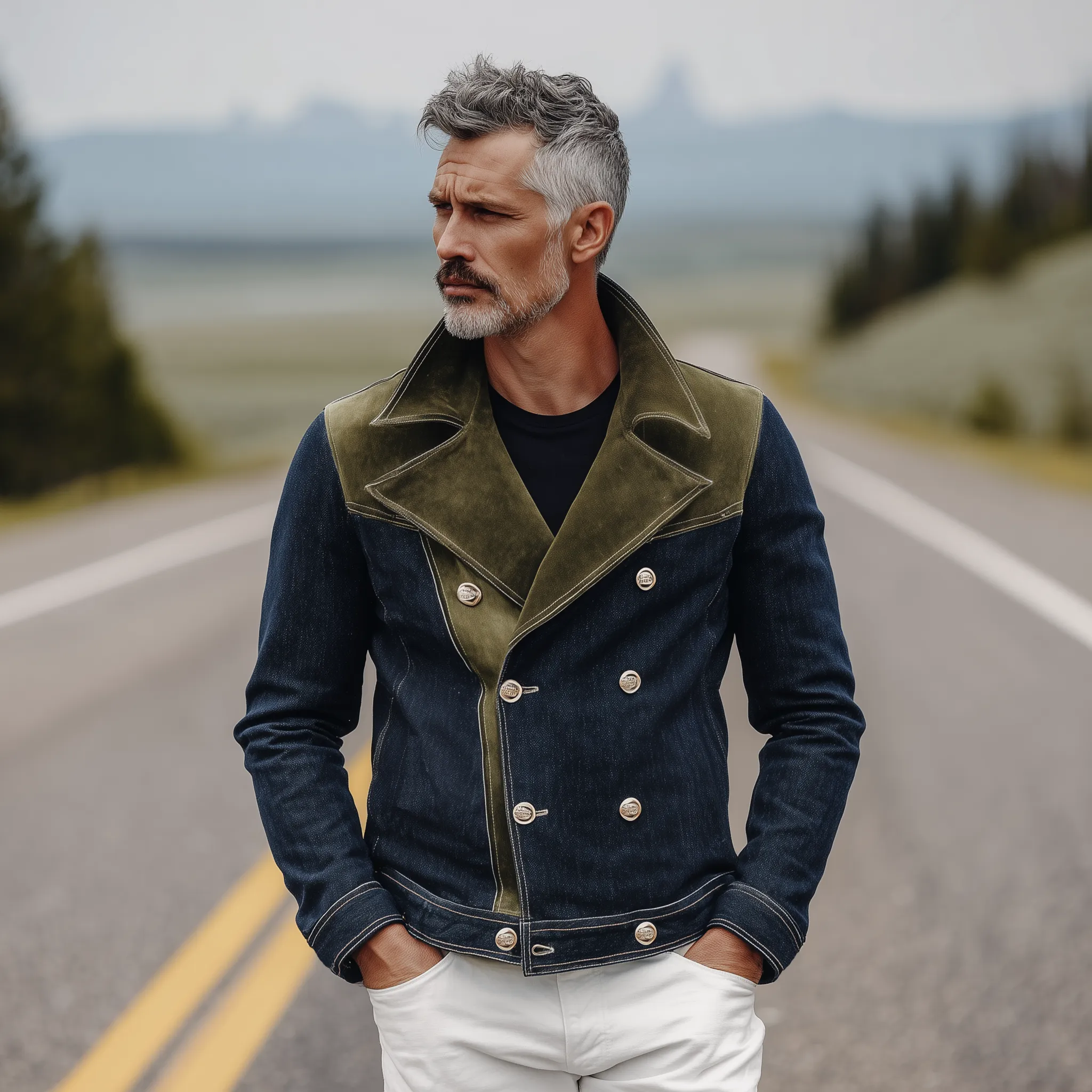 Men's Classic Western Vintage Suede And Denim Lapel Double-Breasted Jacket MTA0319I0K sold by Manly product image thumbnail 3
