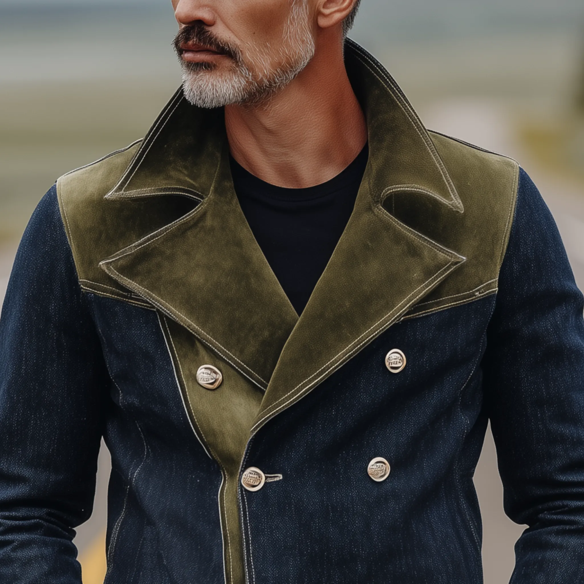 Men's Classic Western Vintage Suede And Denim Lapel Double-Breasted Jacket MTA0319I0K sold by Manly product image thumbnail 4