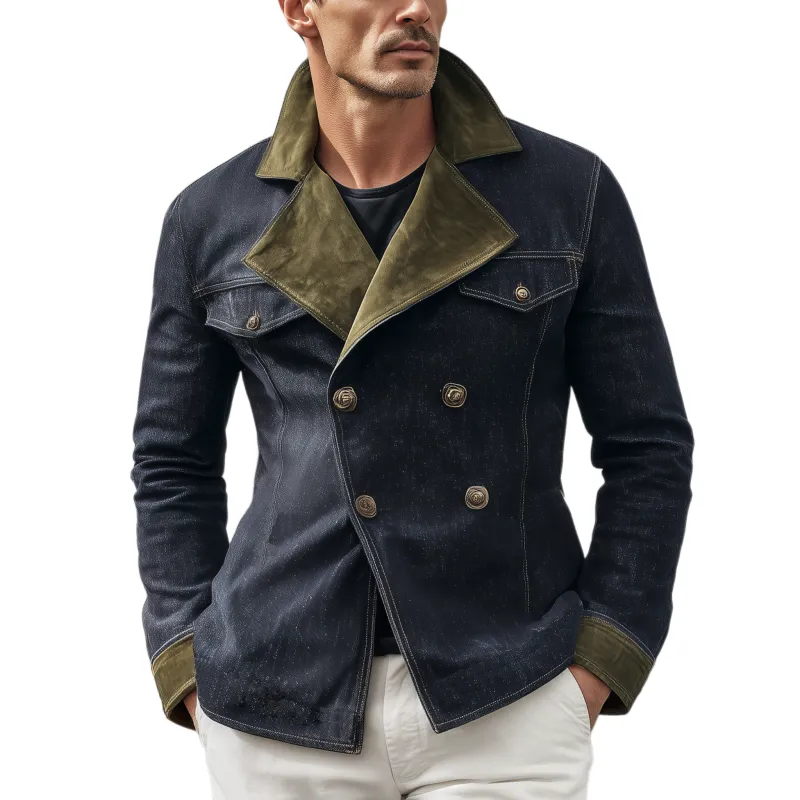 Men's Classic Western Vintage Suede Lapel Double Breasted Denim Jacket MTA0342I0K sold by Manly
