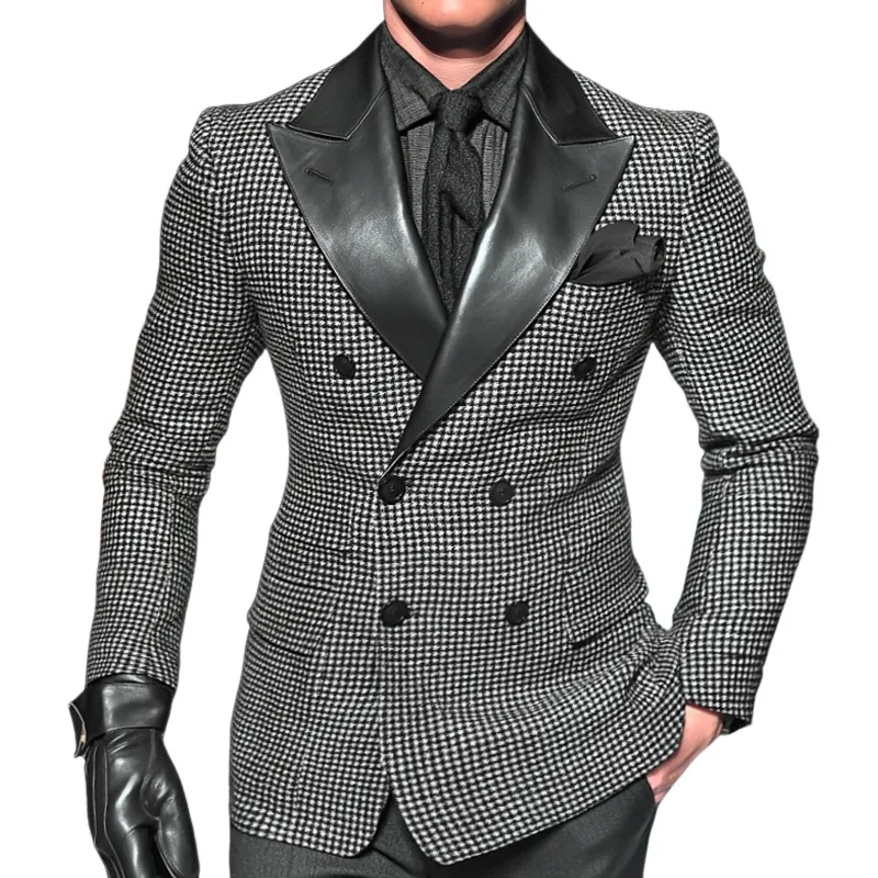 Men's Retro Casual PU Leather Houndstooth Double-Breasted Blazer MTA0368I1TO sold by Manly