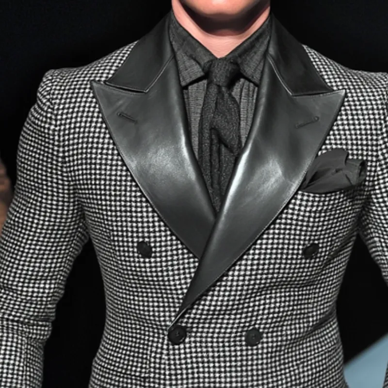 Men's Retro Casual PU Leather Houndstooth Double-Breasted Blazer MTA0368I1TO sold by Manly product image thumbnail 3