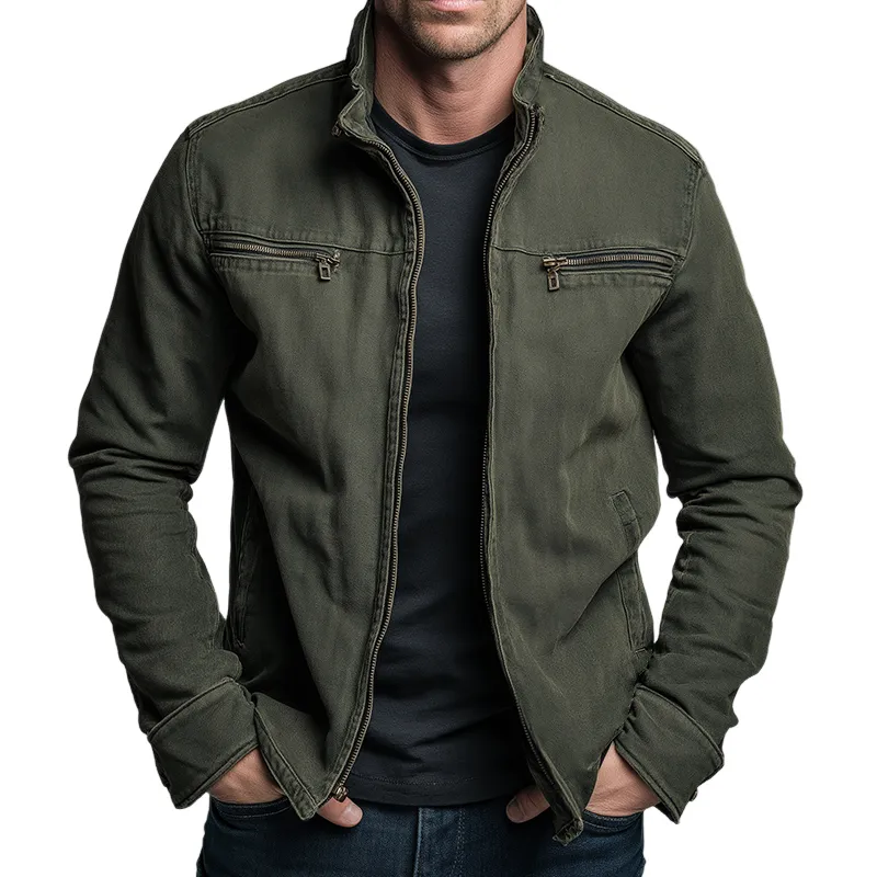 Men's Vintage Casual Cotton Washed Zipper Lapel Jacket MTA0339I1TO sold by Manly
