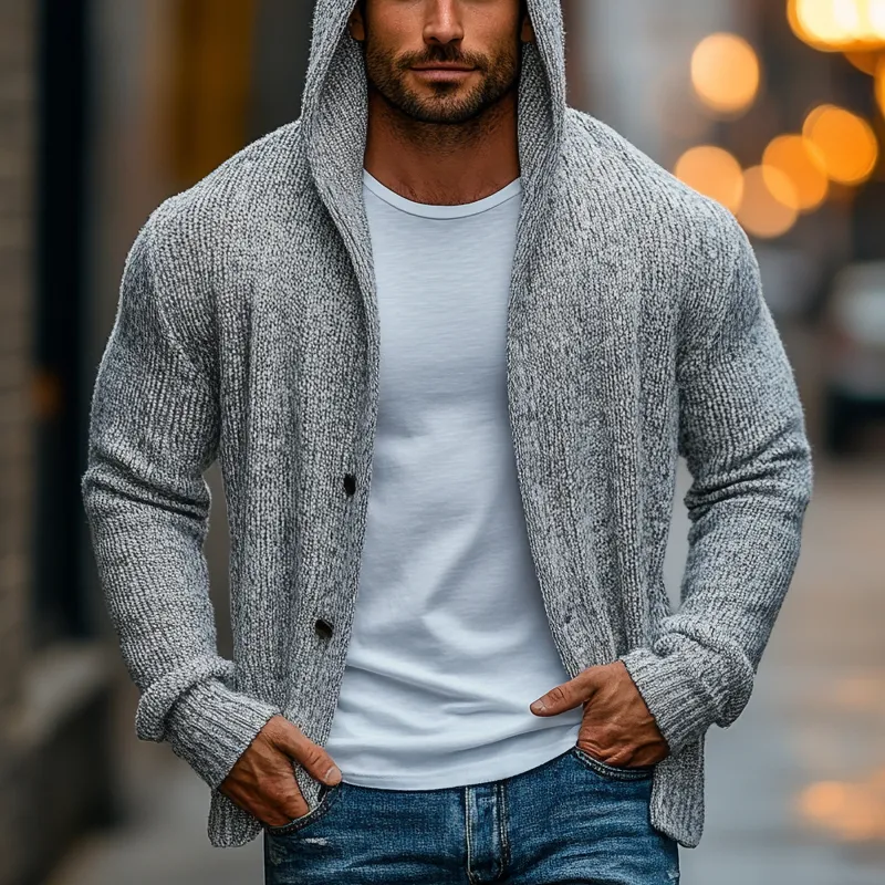 Men's Solid Color Loose Knitted Hooded Cardigan MTA0423I4X sold by Manly product image thumbnail 2