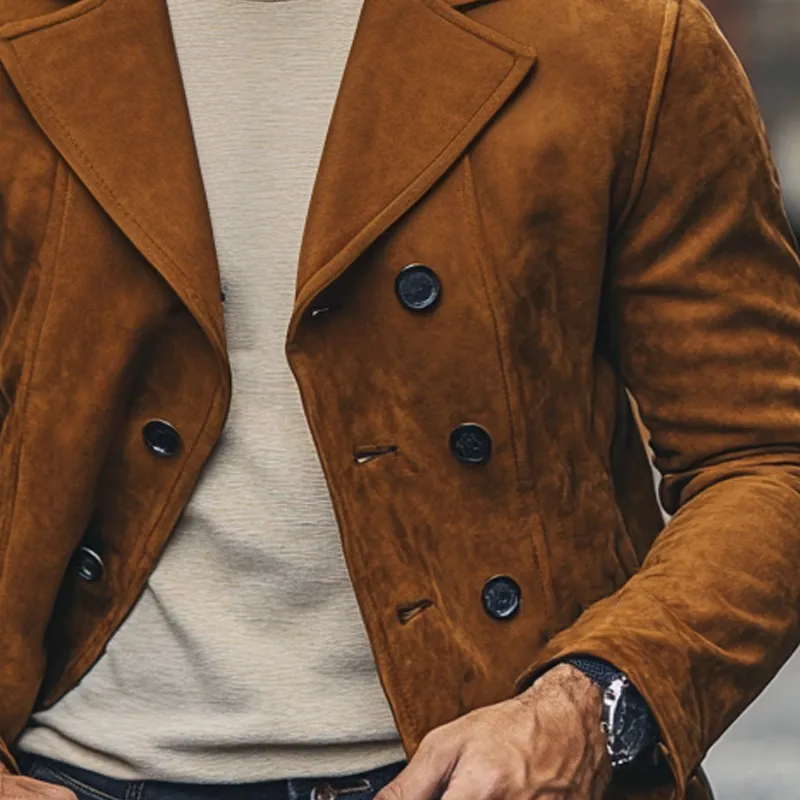 Men's Vintage Solid Lapel Double-Breasted Faux Suede Jacket MTA0421I5X sold by Manly product image thumbnail 3