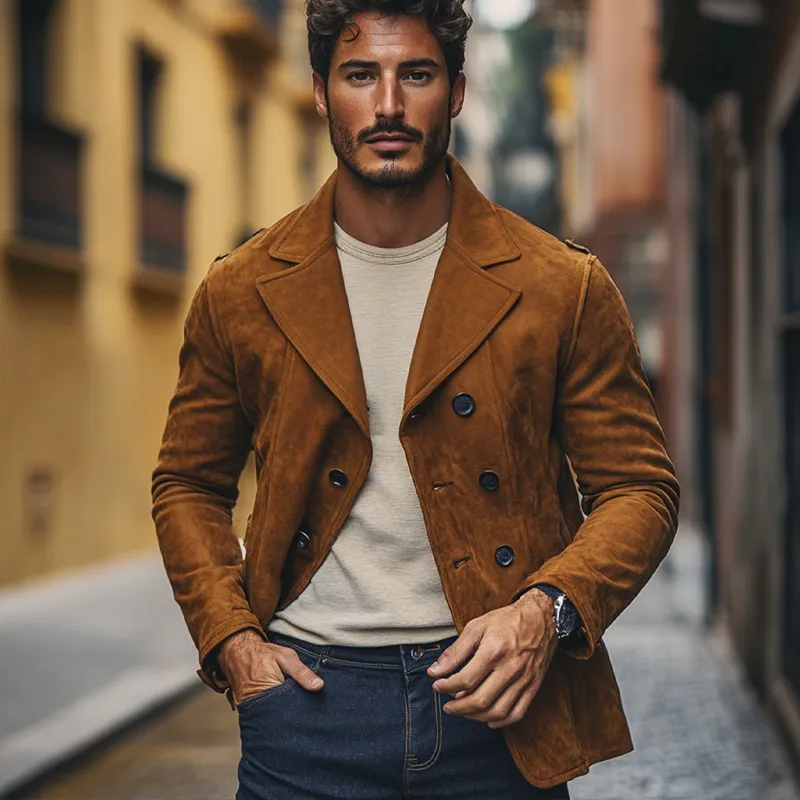 Men's Vintage Solid Lapel Double-Breasted Faux Suede Jacket MTA0421I5X sold by Manly product image thumbnail 4