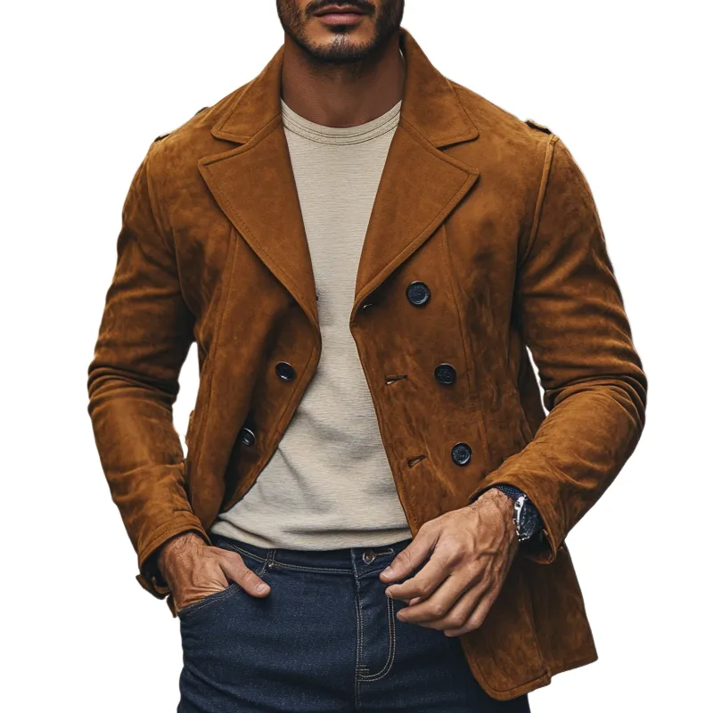 Men's Vintage Solid Lapel Double-Breasted Faux Suede Jacket MTA0421I5X sold by Manly