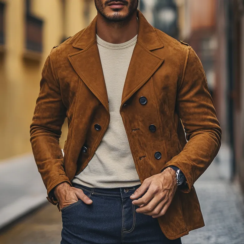 Men's Vintage Solid Lapel Double-Breasted Faux Suede Jacket MTA0421I5X sold by Manly product image thumbnail 2