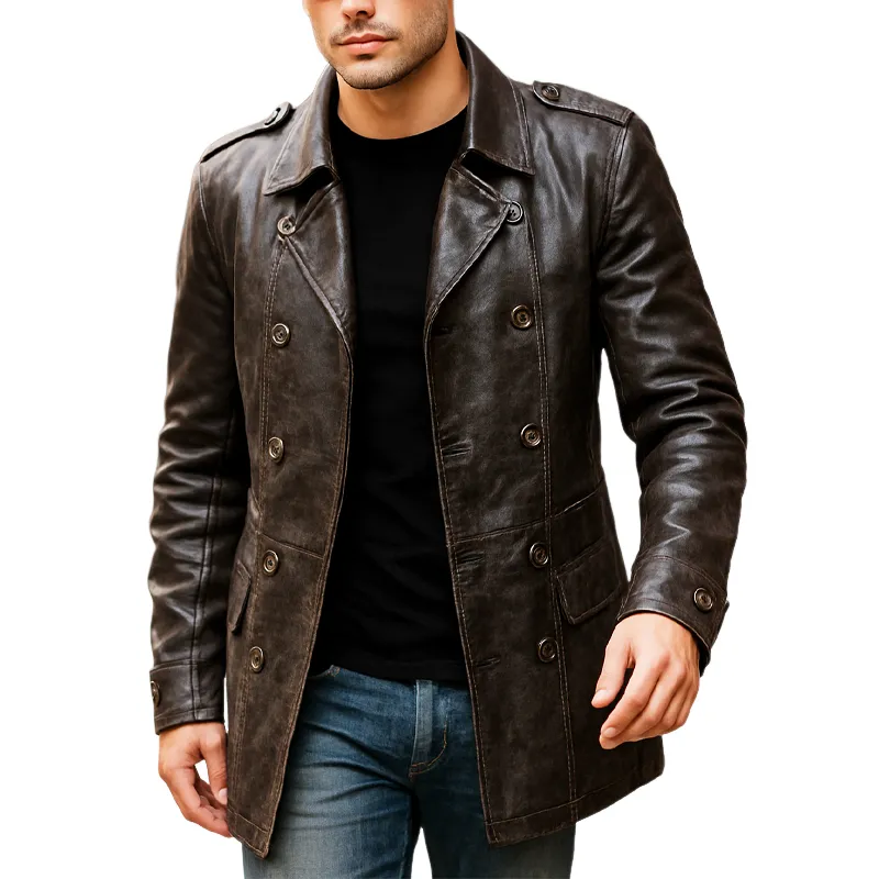 Men's Vintage Distressed PU Leather Double-breasted Short Coat MTA0429I0U sold by Manly