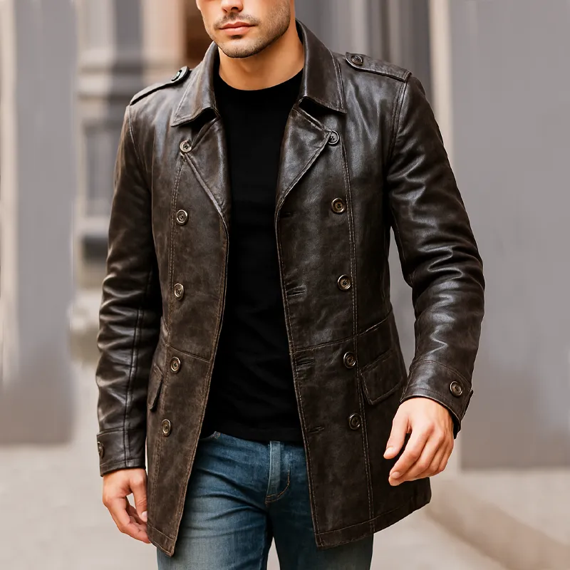 Men's Vintage Distressed PU Leather Double-breasted Short Coat MTA0429I0U sold by Manly product image thumbnail 2
