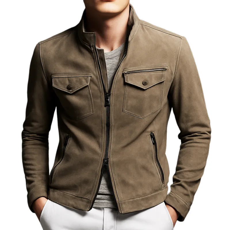 Men's Vintage Khaki Stand Collar Suede Jacket MTA0449I4U sold by Manly