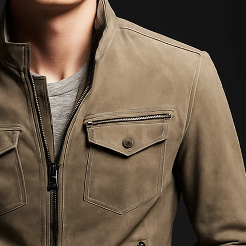 Men's Vintage Khaki Stand Collar Suede Jacket MTA0449I4U sold by Manly product image thumbnail 3