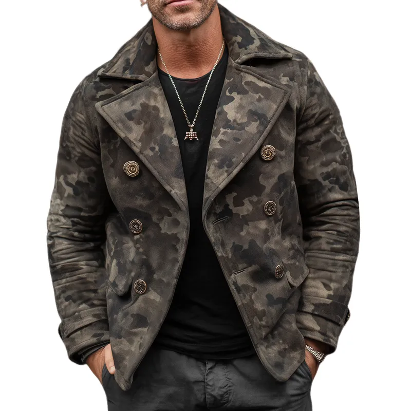 Men's Classic Camouflage Print Suede Double Breasted Jacket MTA0447I4U sold by Manly
