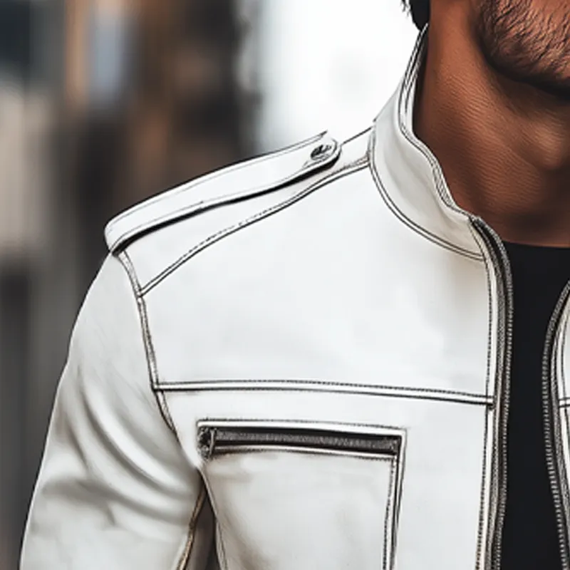Men's Retro Stand Collar White Zipper PU Leather Jacket MTA0476I6U sold by Manly product image thumbnail 3