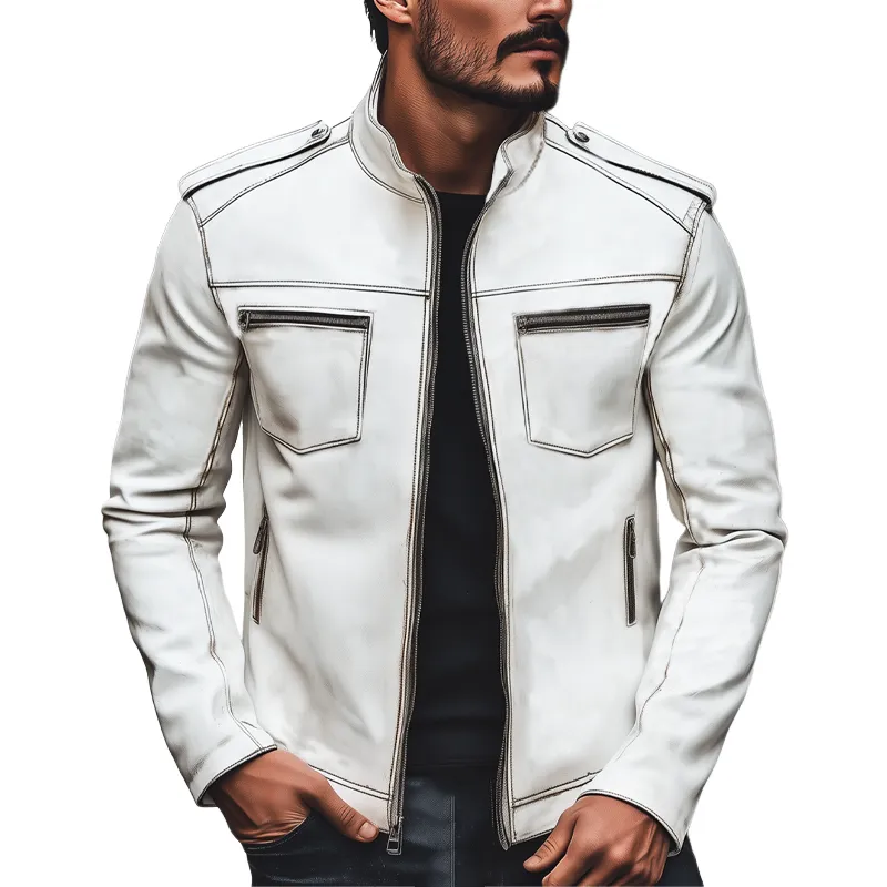 Men's Retro Stand Collar White Zipper PU Leather Jacket MTA0476I6U sold by Manly