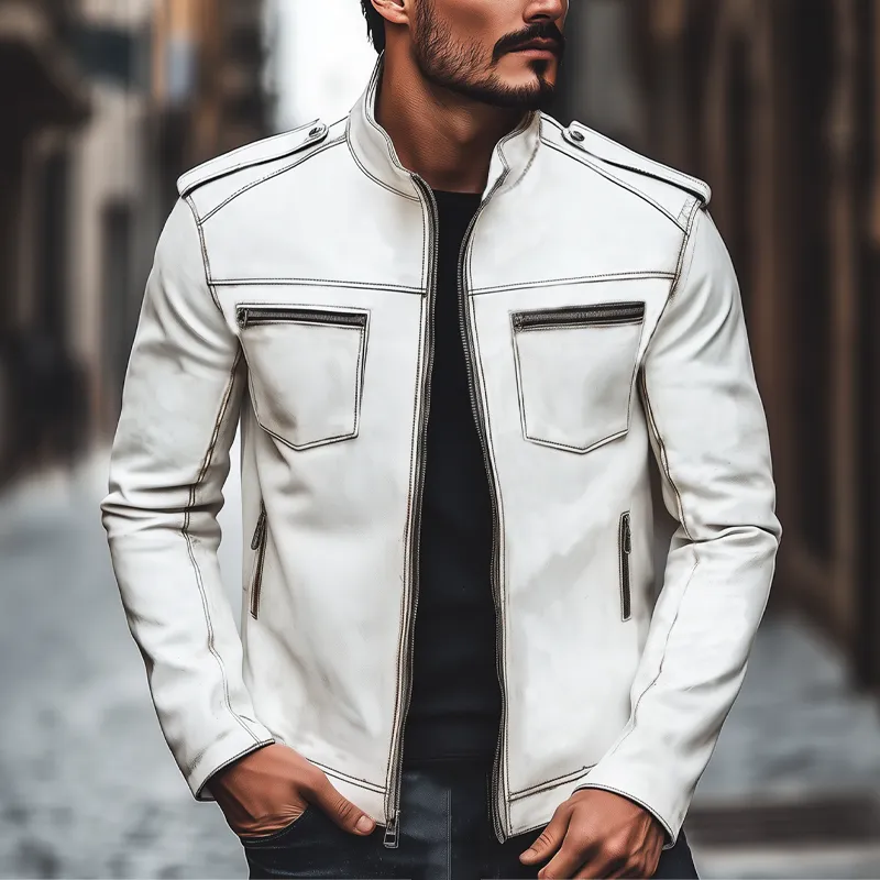 Men's Retro Stand Collar White Zipper PU Leather Jacket MTA0476I6U sold by Manly product image thumbnail 2