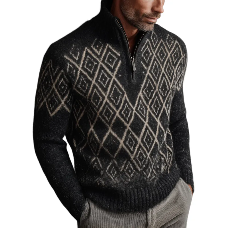 Men's Classic American Retro Stand Collar Zipper Jacquard Pattern Sweater MTA0417I8K sold by Manly