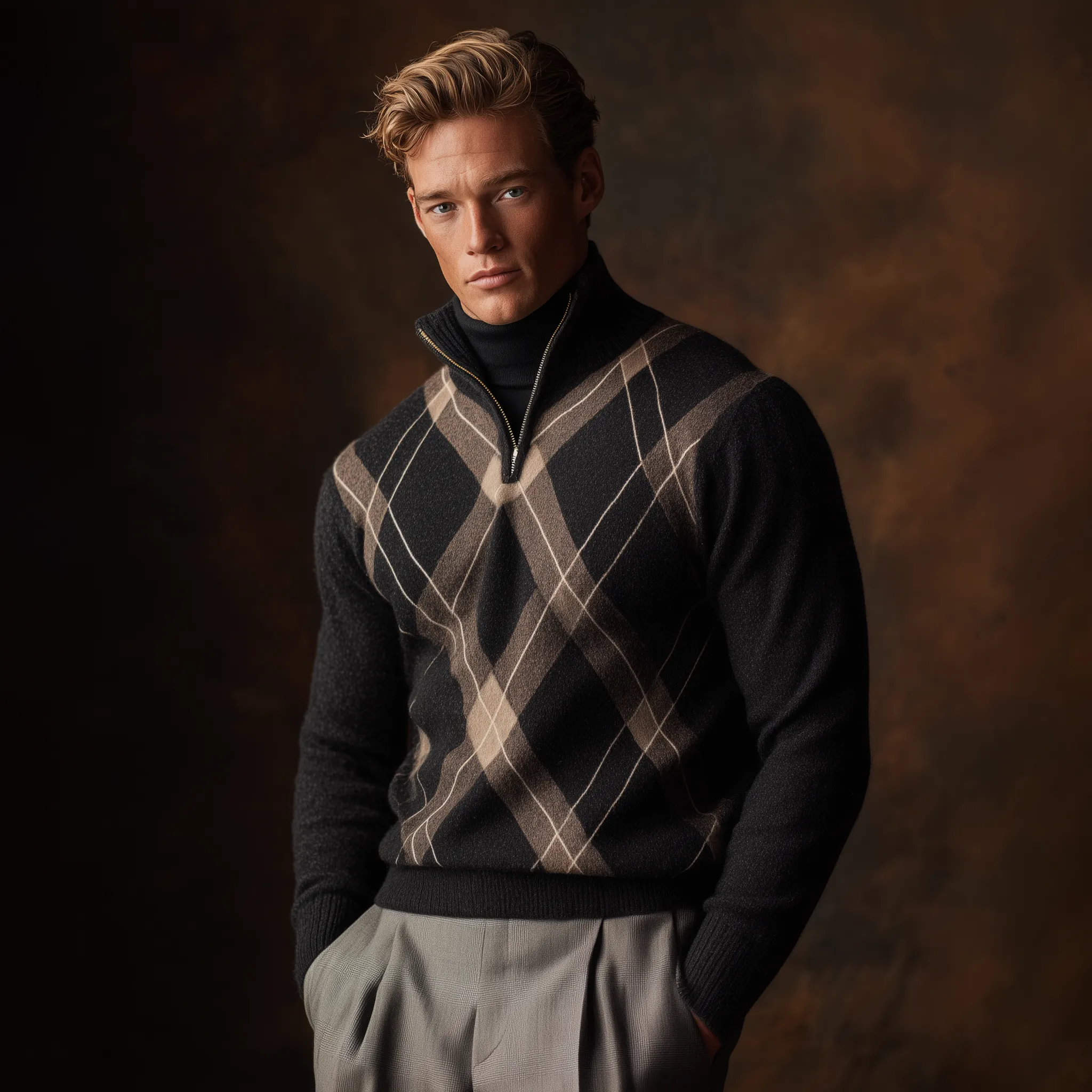 Men's Classic American Retro Stand Collar Zipper Jacquard Sweater MTA0485I5K sold by Manly product image thumbnail 3