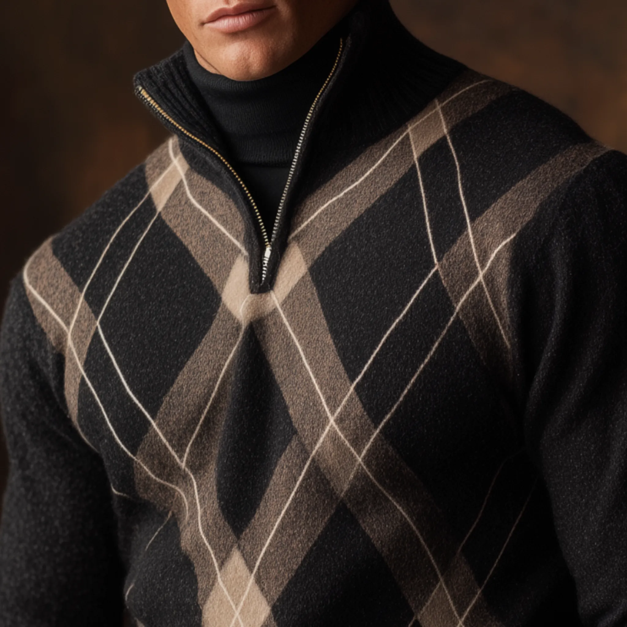 Men's Classic American Retro Stand Collar Zipper Jacquard Sweater MTA0485I5K sold by Manly product image thumbnail 4