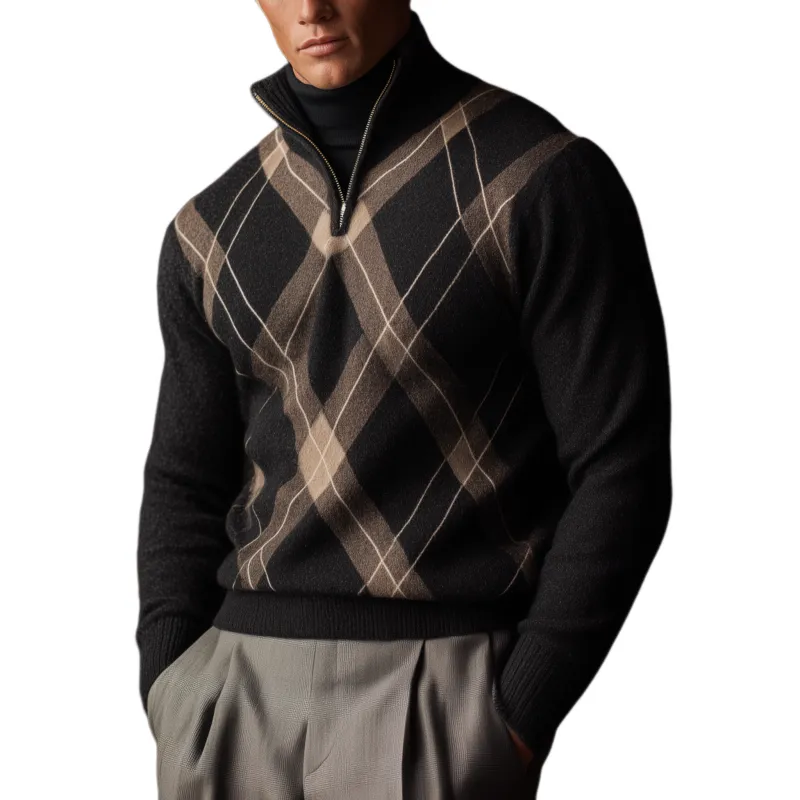 Men's Classic American Retro Stand Collar Zipper Jacquard Sweater MTA0485I5K sold by Manly