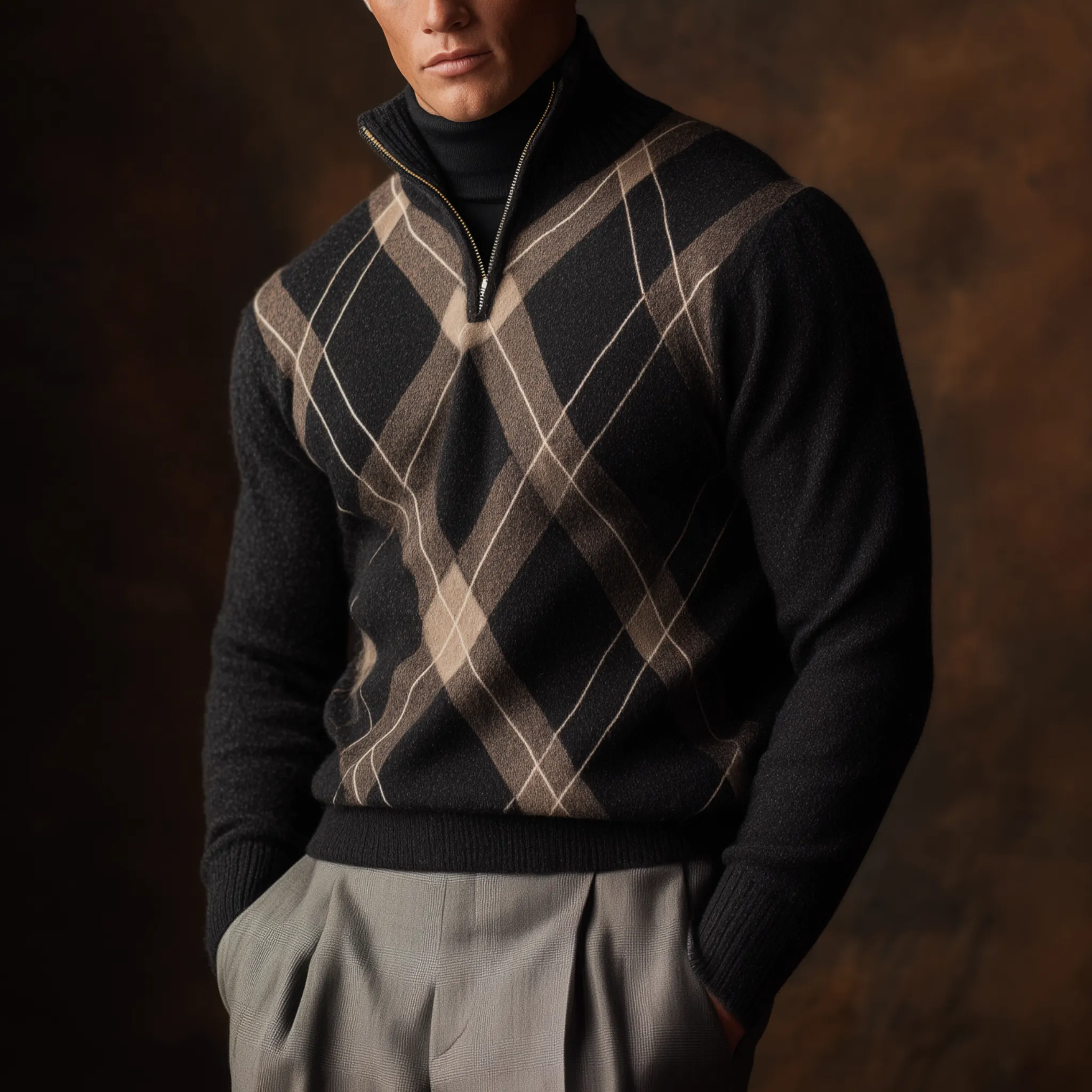 Men's Classic American Retro Stand Collar Zipper Jacquard Sweater MTA0485I5K sold by Manly product image thumbnail 2