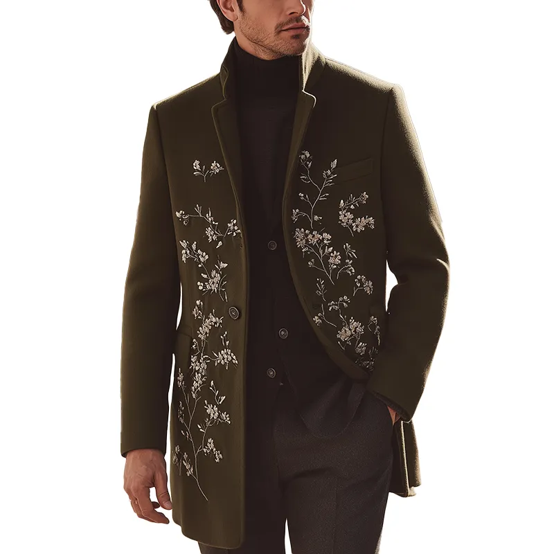 Men's Winter Fashion Floral Embroidered Faux Woolen Coat MTA0469I8P sold by Manly