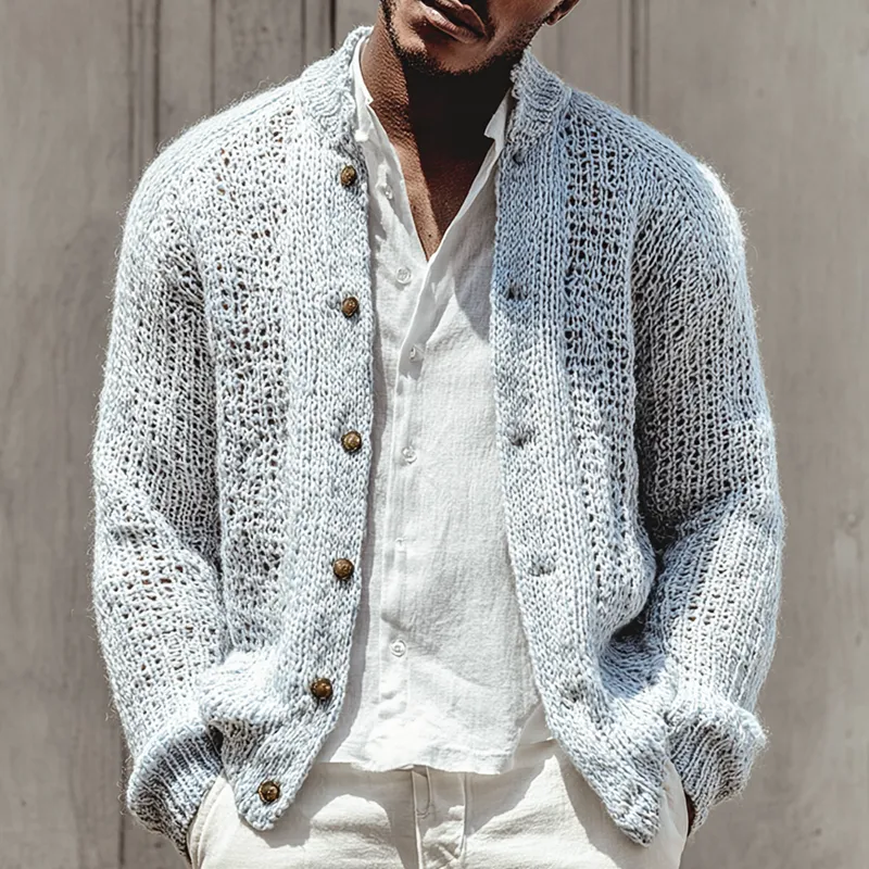 Men's Solid Color Openwork Stand Collar Single Br Easted Cardigan MTA0408I6Z sold by Manly product image thumbnail 2