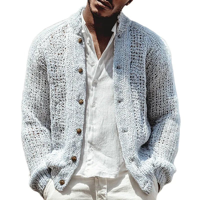 Men's Solid Color Openwork Stand Collar Single Br Easted Cardigan MTA0408I6Z sold by Manly