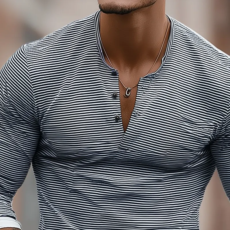 Men's Striped Henley Collar Splicing Sleeve T-shirt MTA0467I9Z sold by Manly product image thumbnail 3