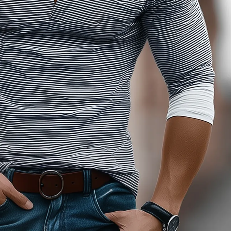 Men's Striped Henley Collar Splicing Sleeve T-shirt MTA0467I9Z sold by Manly product image thumbnail 4
