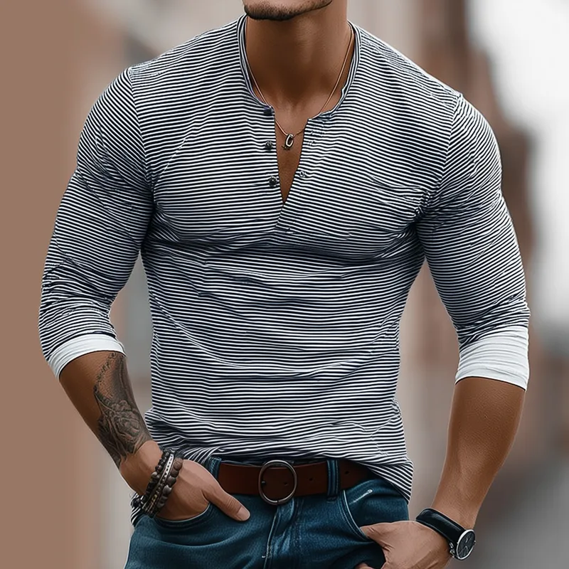 Men's Striped Henley Collar Splicing Sleeve T-shirt MTA0467I9Z sold by Manly product image thumbnail 2