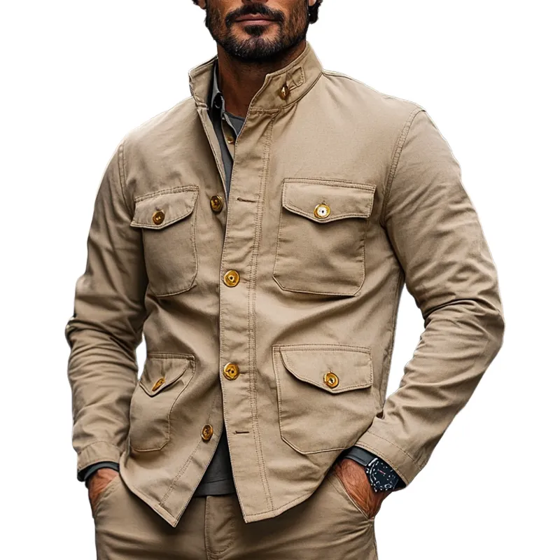 Men's Cotton Solid Color Multi-Pocket Stand Collar Button Jacket MTA0458I8X sold by Manly